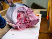 一条大金枪鱼在屠夫桌上切割和准备的特写镜头，展示了新鲜度和精确度