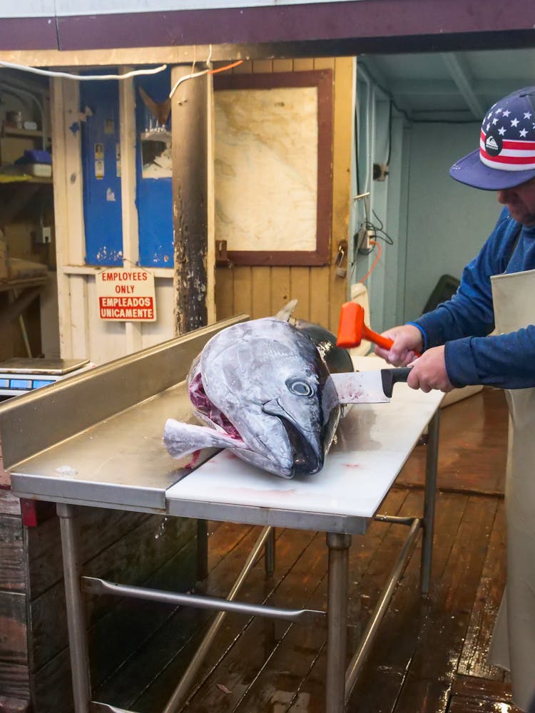 A Man Cutting A Tuna