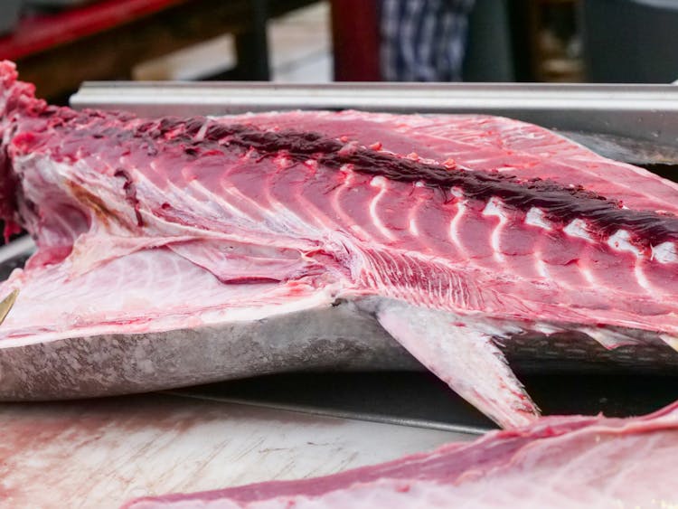 White And Pink Sliced Fish On The Table