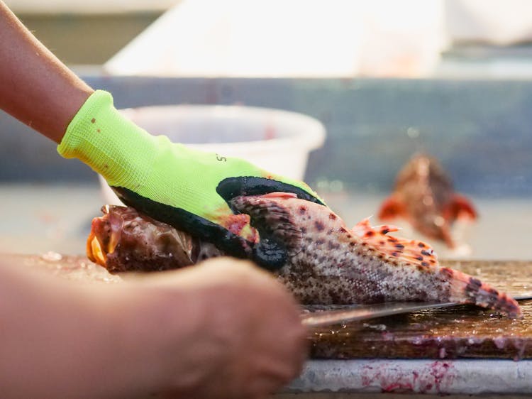 A Butcher Slicing A Fish