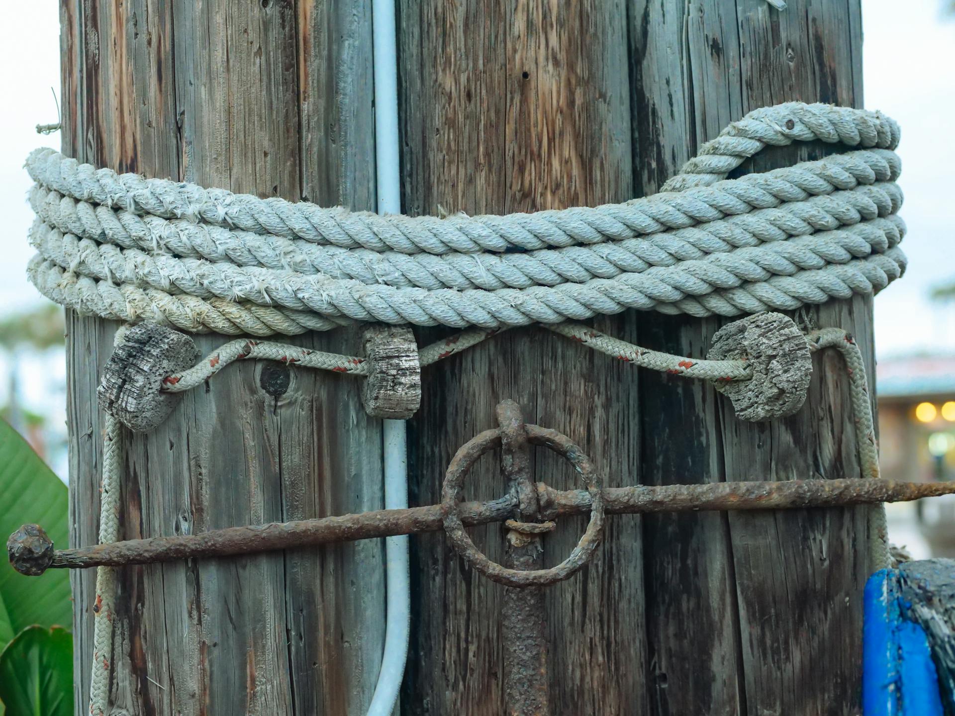 Close-up of an Anchor Rope on a Wooden Block