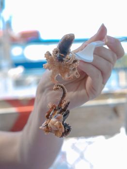 A hand holding grilled octopus skewer at a seaside location, showcasing street food culture.