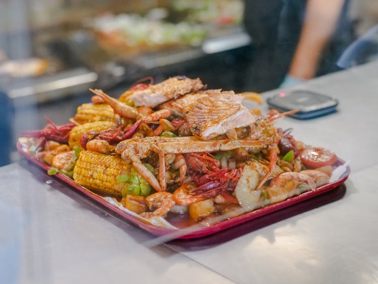 Close-up Of A Seafood Boil On A Tray