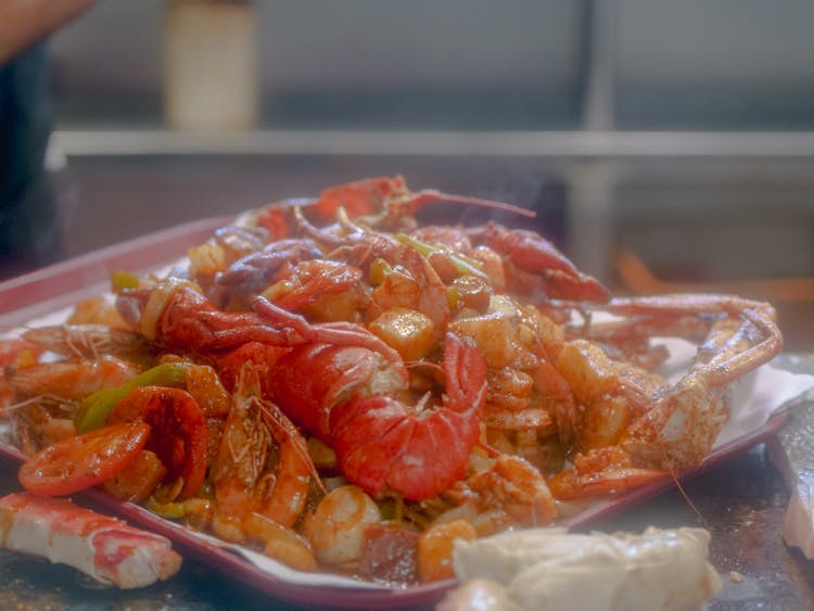 Close-up Of A Seafood Boil On A Tray