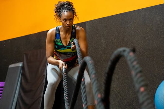A determined woman exercises with battle ropes, showcasing intense strength training at the gym.