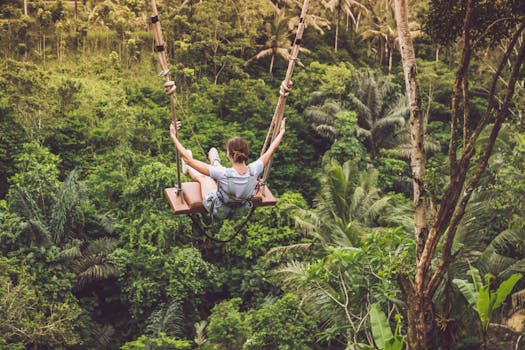 Woman Riding Hanging Swing in Forest