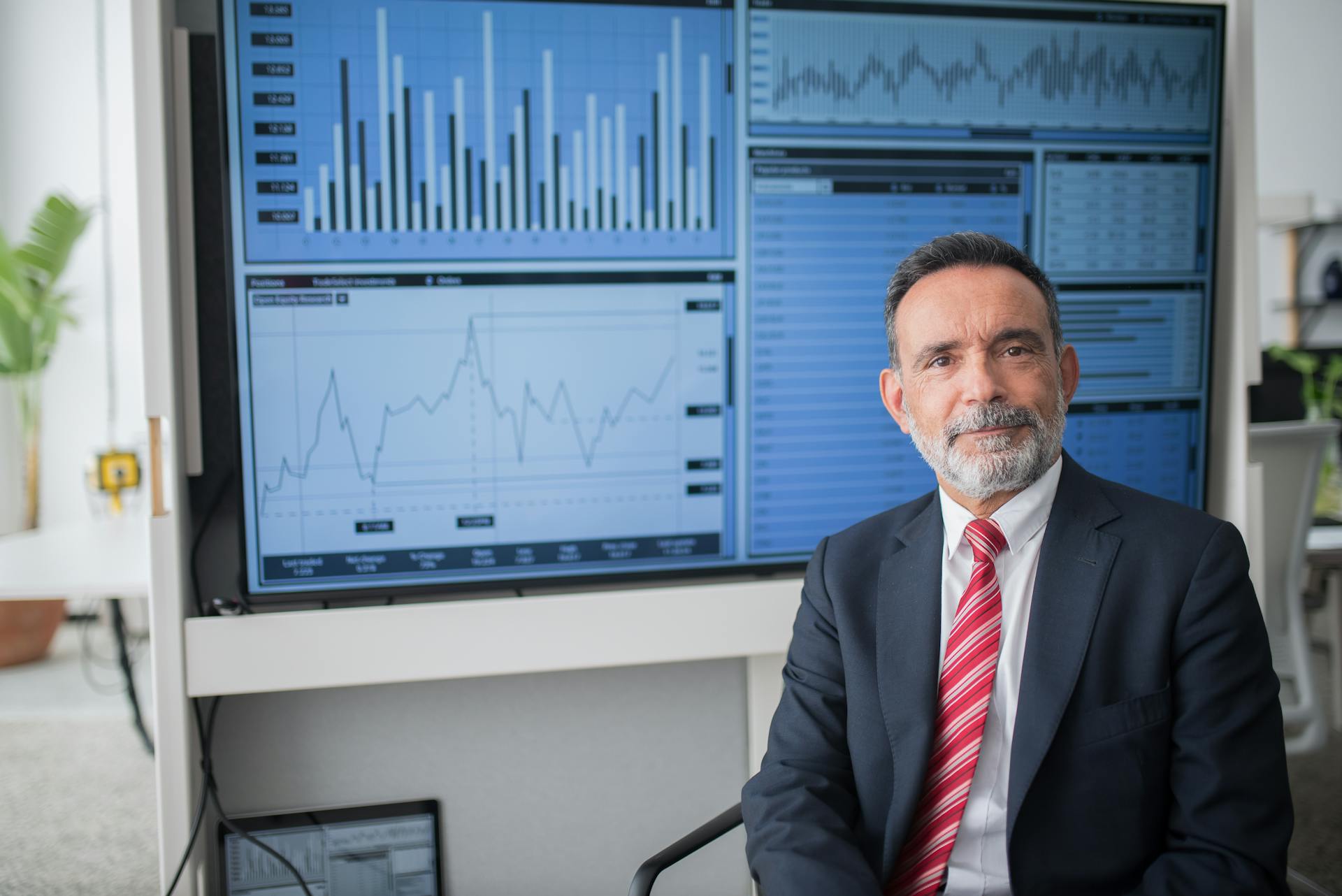 Confident businessman in office reviewing financial graphs on multiple screens with a relaxed demeanor.