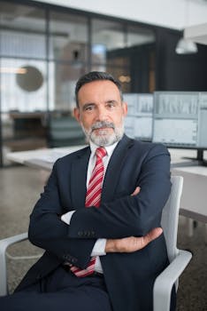 Professional businessman sitting confidently in a modern office with multiple screens displaying data.