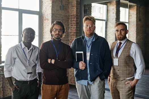 Portrait of a diverse group of four serious professionals standing indoors with tablets.