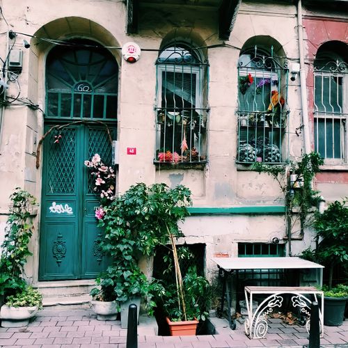 Free A vintage house facade adorned with plants and decorative elements. Stock Photo
