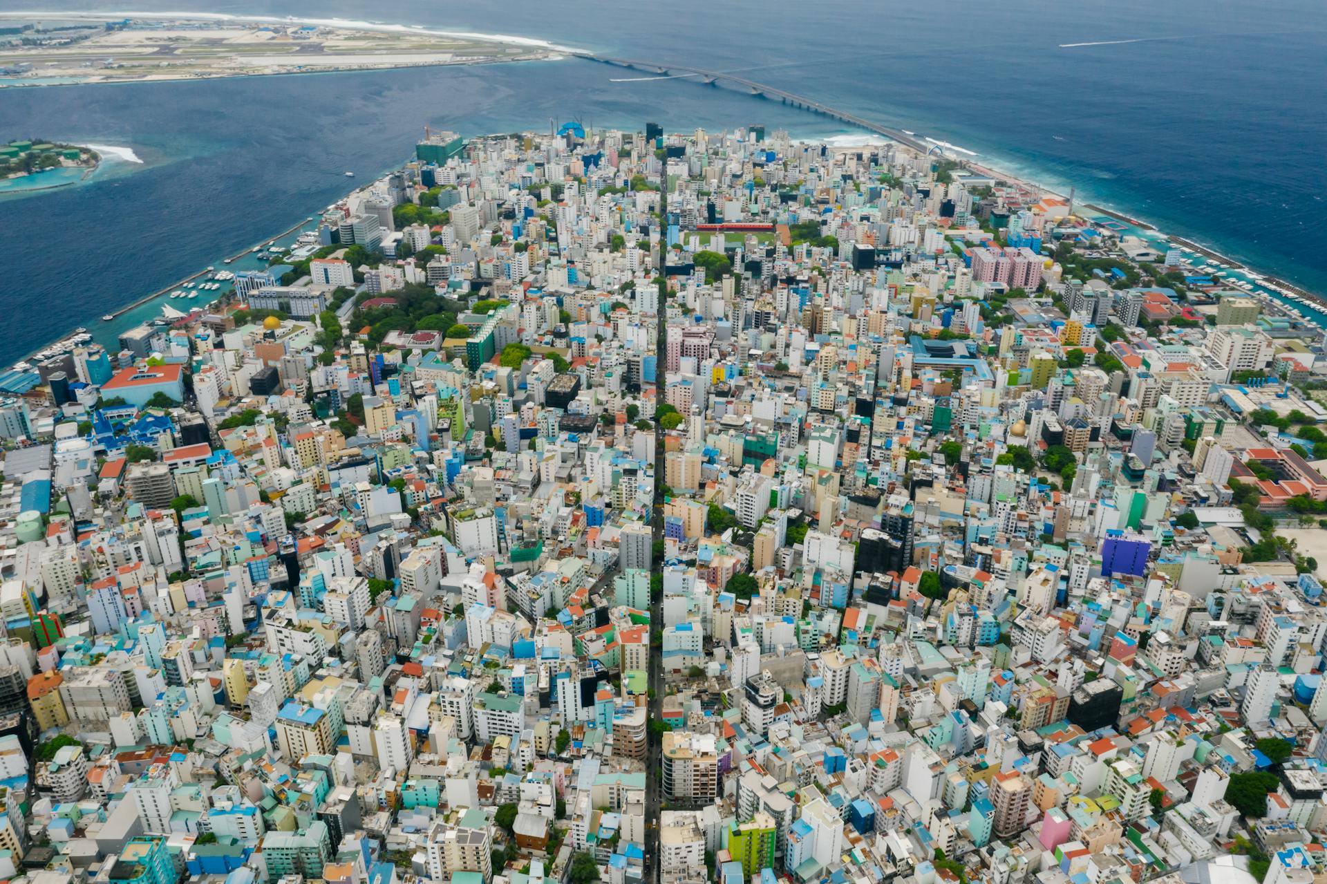 Stunning high-angle aerial view of Malé, the densely populated capital of the Maldives.