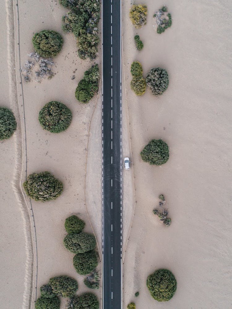 Aerial Shot Of A Road In The Middle Of The Desert