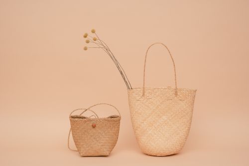 Free Two woven handbags displayed against a neutral beige background in a studio shot. Stock Photo