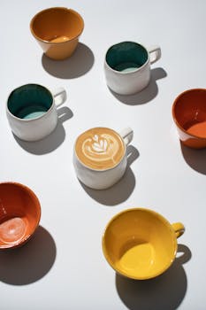 Top view of colorful ceramic cups and a latte with intricate latte art on a flat surface.