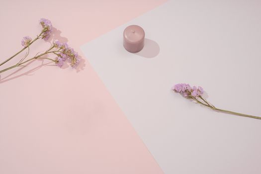 A minimalist composition featuring a pink candle and delicate flowers on a pastel background.