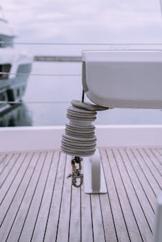 A detailed view of a coiled rope attached to a boat deck, perfect for nautical themes.