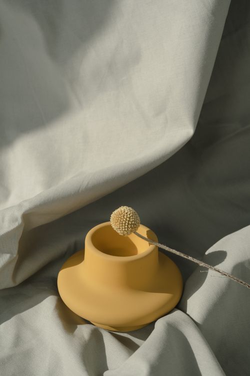 Free Elegant minimalist still life featuring a yellow ceramic vase and a single dried Craspedia flower on fabric. Stock Photo