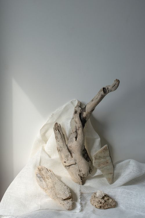Free Natural composition featuring driftwood and textiles with subtle play of light and shadow. Stock Photo