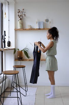 A young woman arranges clothes while setting up her vlogging scene in a stylish indoor space.