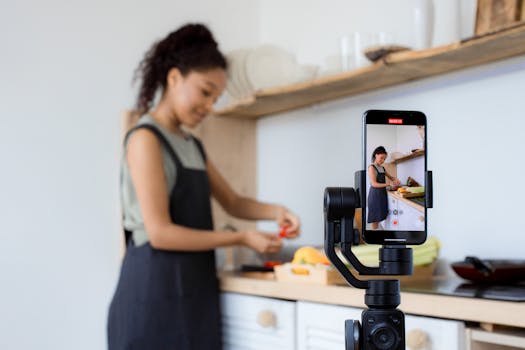 A woman records a cooking tutorial with her smartphone in a modern kitchen setting.