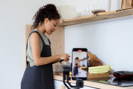 African American woman prepares a meal and films a cooking tutorial in a modern kitchen.