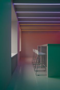 A minimalist interior with colorful LED lights and sleek modern chairs.
