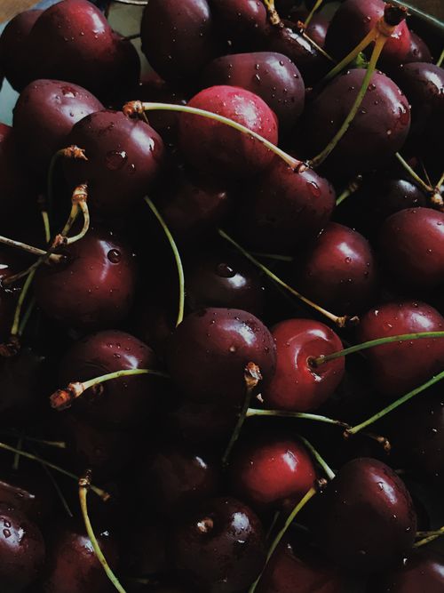 Free A vibrant close-up of freshly picked cherries with water droplets, highlighting their juicy freshness. Stock Photo