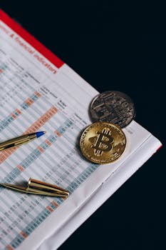 Close-up of Bitcoin and financial data with pen, symbolizing cryptocurrency investment.