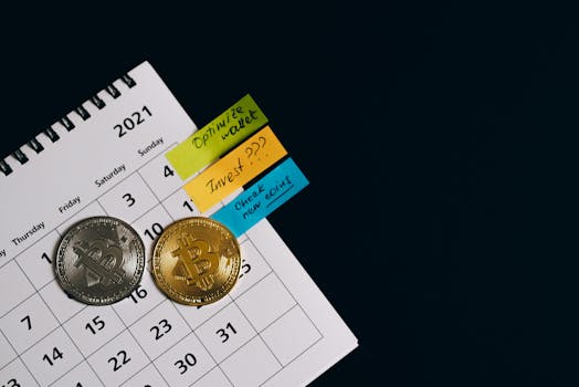 Close-up of Bitcoins on a calendar highlighting investment plans with sticky notes.