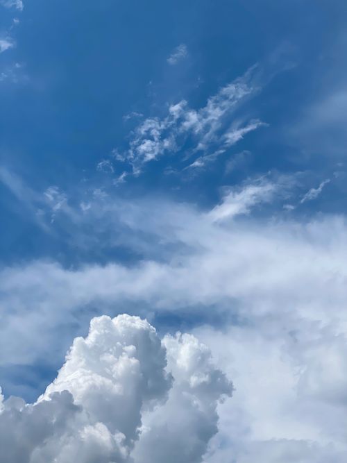 Free Serene image of a clear blue sky with fluffy white clouds, evoking tranquility and peace. Stock Photo