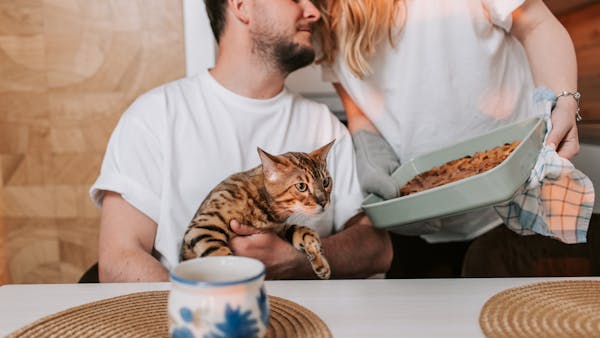 A couple enjoys a cozy moment indoors with their Bengal cat and a freshly baked pie.
