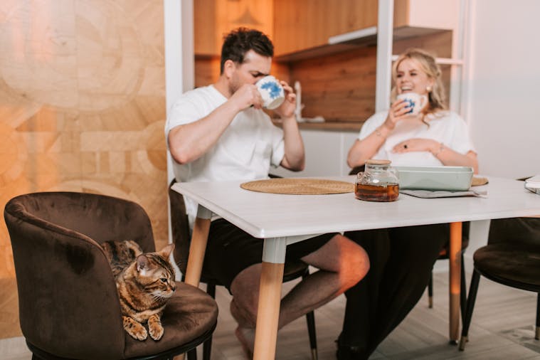 A couple enjoys breakfast with tea in a cozy kitchen while their cat lounges nearby.