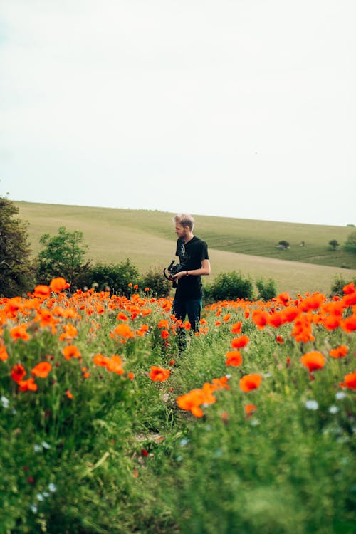 A Man Standing on the Poppy Flower Field 