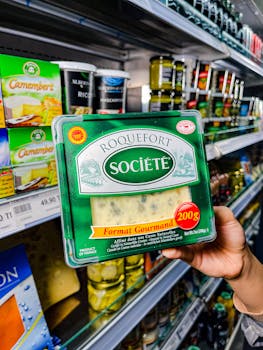 Close-up of a hand holding Roquefort cheese in a supermarket cheese aisle.