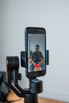 Close-up of a man recording a TikTok video using a smartphone on a stabilizer indoors.