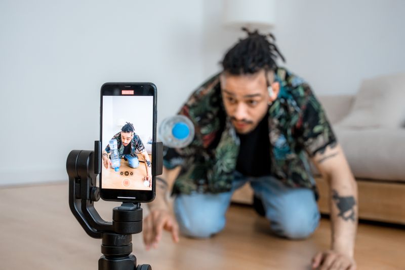 Content creator filming vertical video with a smartphone on a gimbal