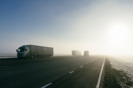Freight trucks on a foggy road during sunrise, showcasing transportation in misty conditions.
