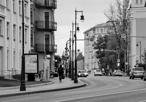 A black and white street scene featuring historic architecture, street lights, and pedestrians.