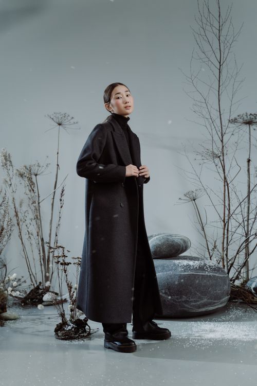 Free Asian woman in long coat stands in a winter-themed minimalist setting with dry plants and rocks. Stock Photo