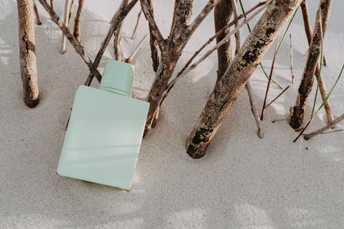 Free A green perfume bottle artistically placed on sand amidst dry branches, creating a minimalist style. Stock Photo
