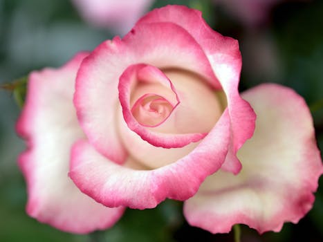 Delicate close-up of a pink and white rose with soft petals and lush bloom.
