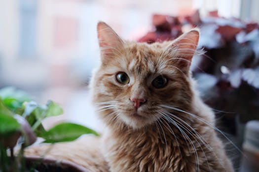 Adorable ginger cat with striking green eyes sits by the window, surrounded by plants.