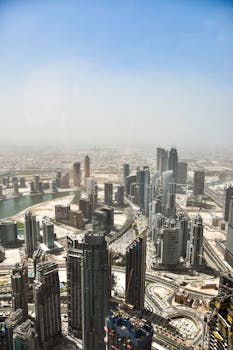 A stunning aerial view of Dubai's skyline with towering skyscrapers and a modern urban landscape.