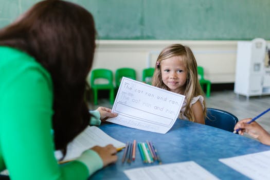 A young girl participates in an engaging classroom activity with her teacher.