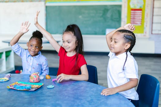 Three diverse children enjoying a fun learning activity in a colorful classroom setting.