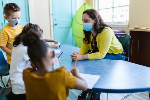 Teacher and students wearing masks in a classroom setting, focusing on learning and safety.