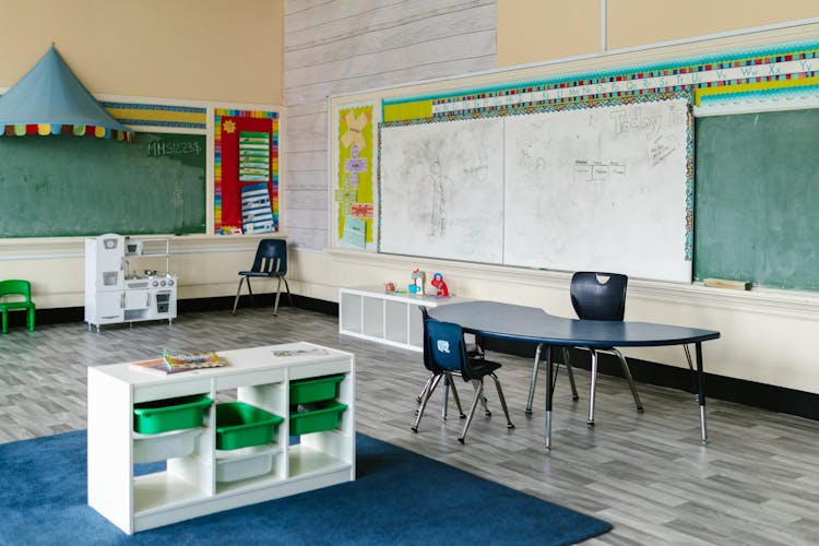 Classroom With Chalkboards, Blue Table And Chairs