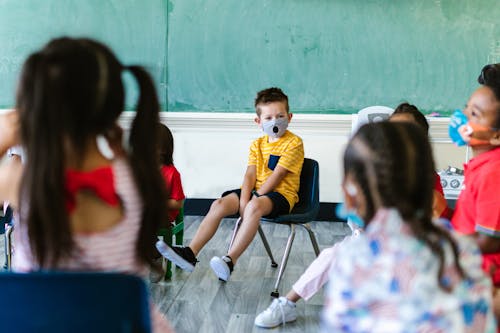 Free Kids Wearing Face Musk at School Stock Photo