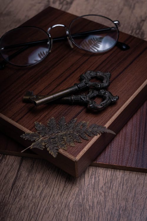 From above of vintage key placed near dried leaf on wooden case on table