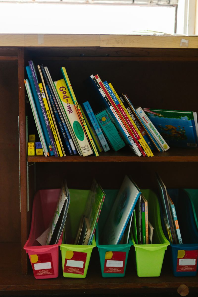 Rak kayu dengan susunan buku anak-anak berwarna-warni.